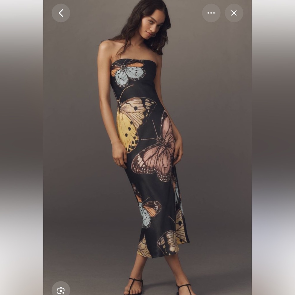 Anthropologie Black Strapless Midi Dress with Butterfly Print
